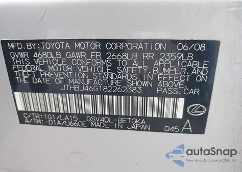 2008 Lexus Es 350 из США, поврежденный, VIN JTHBJ46G182262383